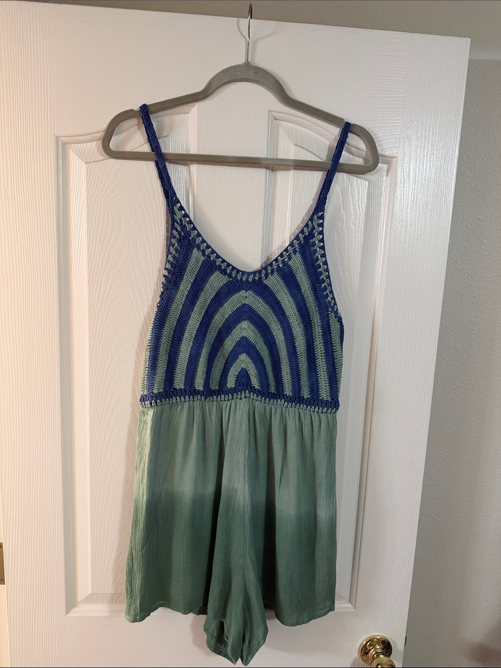 Blue Knit-Top and Green Bottom Kids One-Piece Romper